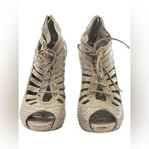 Dior Grey Snake Leather Cage Lace Up Peep Toe Pumps